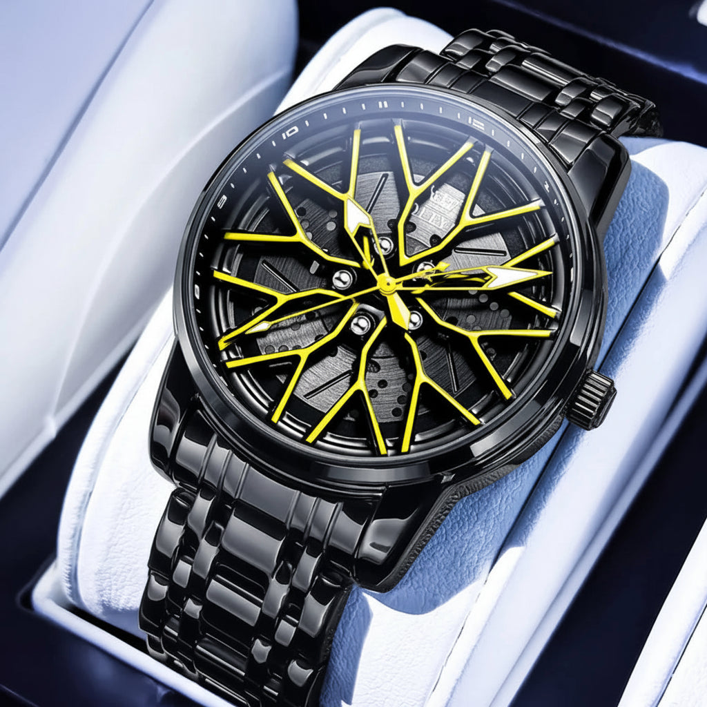 Montre cadran jante sport 3D édition Racing jaune et noir